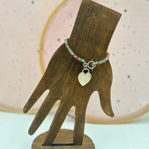 Multicolor Glass Beaded Bracelet with Sterling Silver Heart Charm
